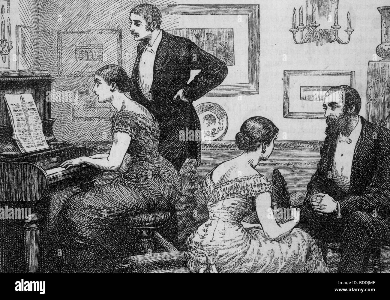VICTORIAN DRAWING ROOM The lady at right fans herself in conversation while  her friend displays her musical talents Stock Photo - Alamy