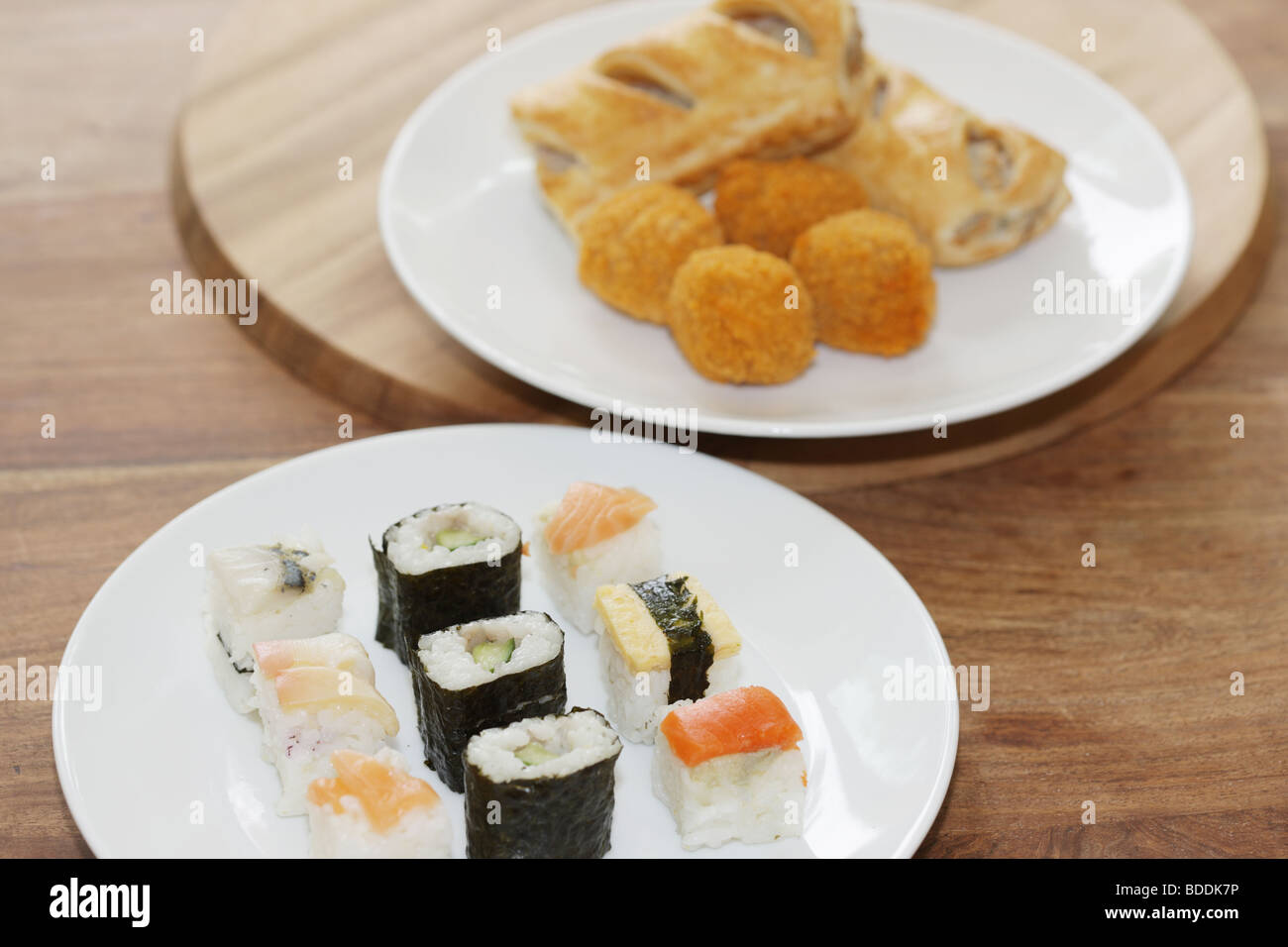 Akashi Sushi with Scotch Eggs and Sausage Rolls Stock Photo