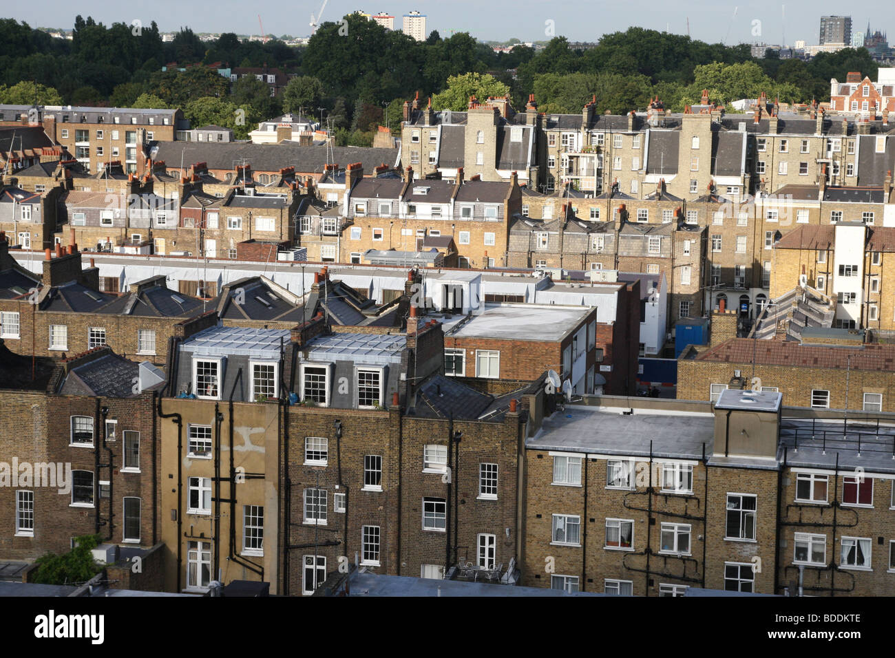 Aeriel view of housing in London east of Marylebone Station with Regents Park in the background Stock Photo