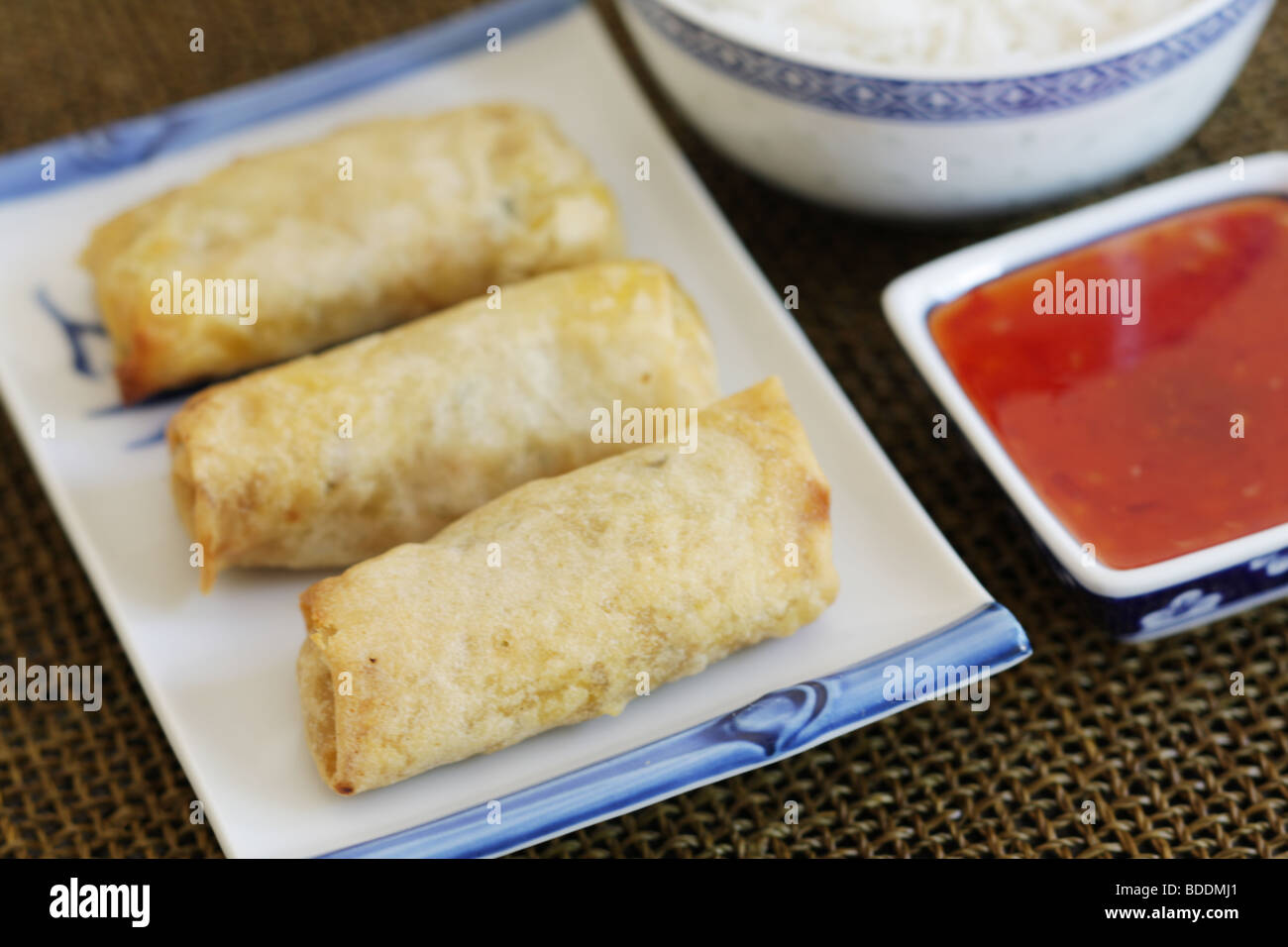 Vegetable Spring Rolls with Dip and Rice Stock Photo Alamy