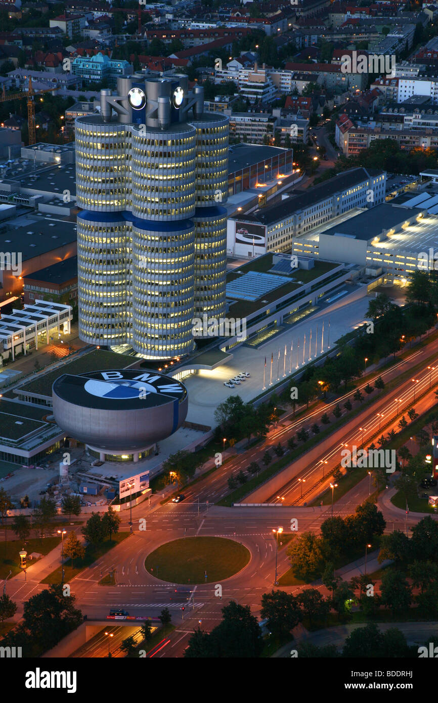 The BMW headquarters building in Munich, Germany, seen from the communications tower in the Olympic complex. Stock Photo