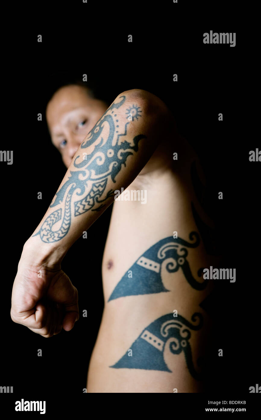 Traditional tribal tattoos of Iban tribe in Borneo, Malaysia. Stock Photo