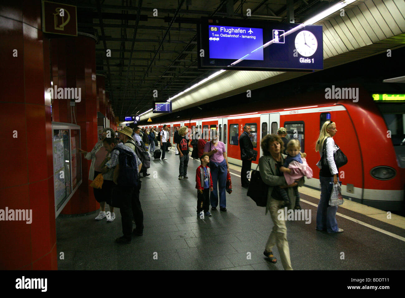 Platform in a station of the Munich underground as a train arrives. Bavaria, Germany. Stock Photo