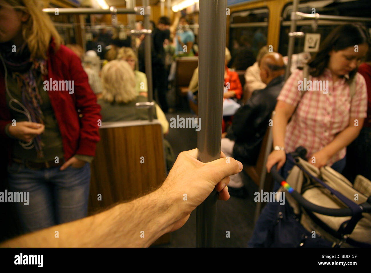 On the train in motion. Munich underground. Bavaria, Germany. Stock Photo