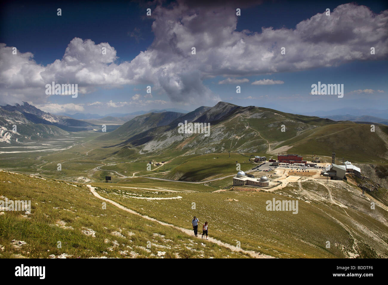 Hotel Campo Imperatore (red) and the Observatory in the Gran Sasso D'Italia national park. Stock Photo