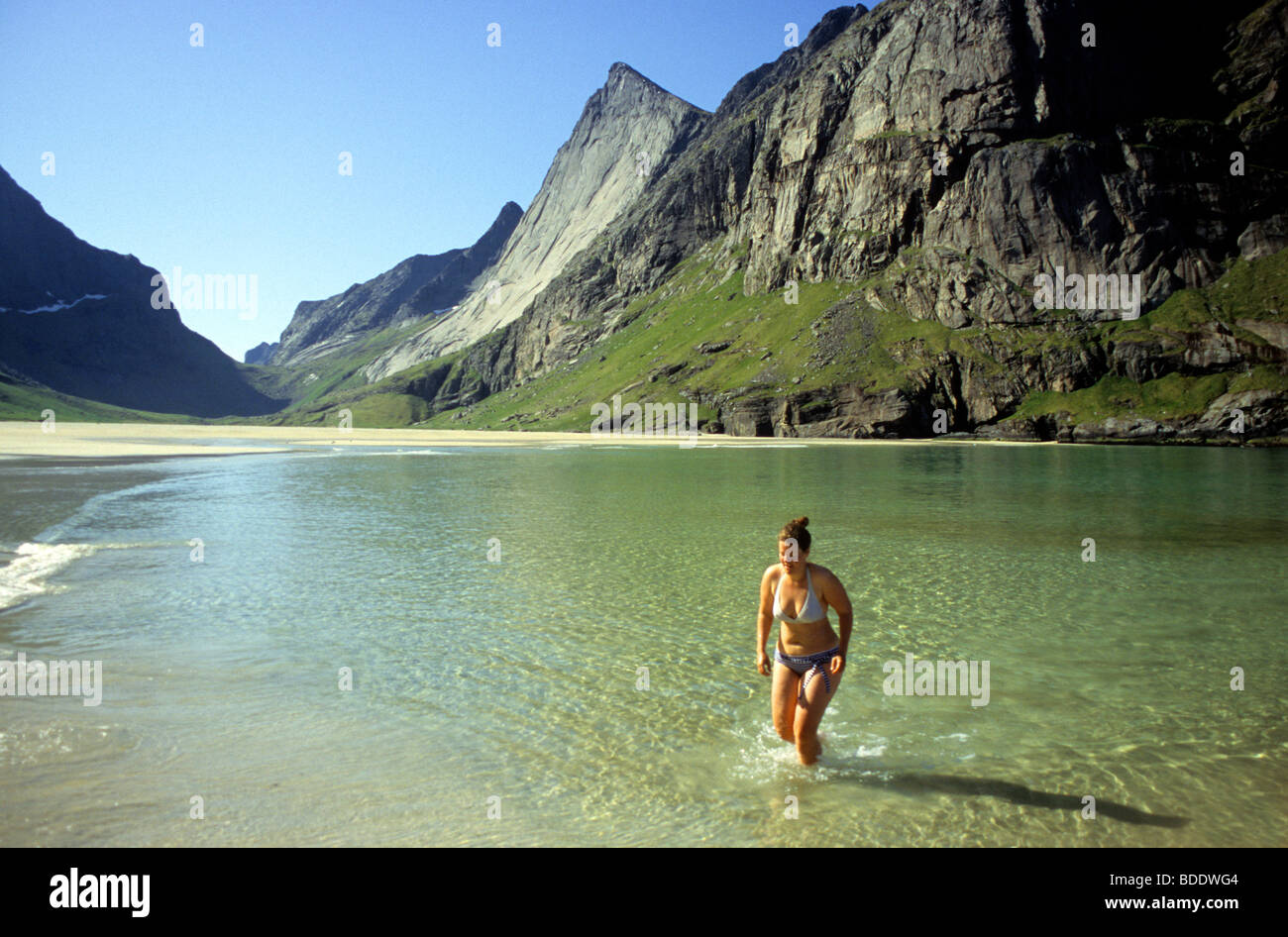 A young woman swims in the Icy Arctic waters of Horseid bay on Moskensoya Islands western wilderness. Lofoten, Norway. Stock Photo