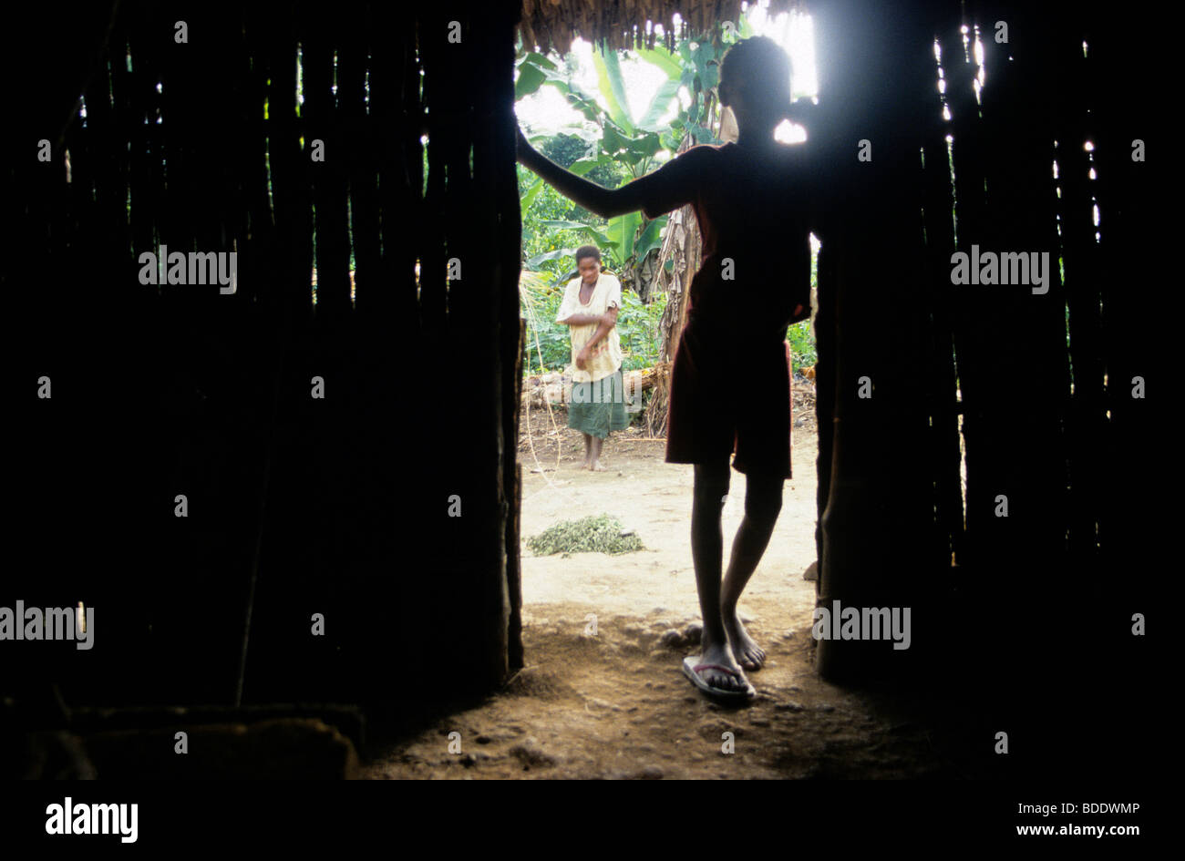 Young Pygmy girl in doorway to a hut in her village. Deep in the ...