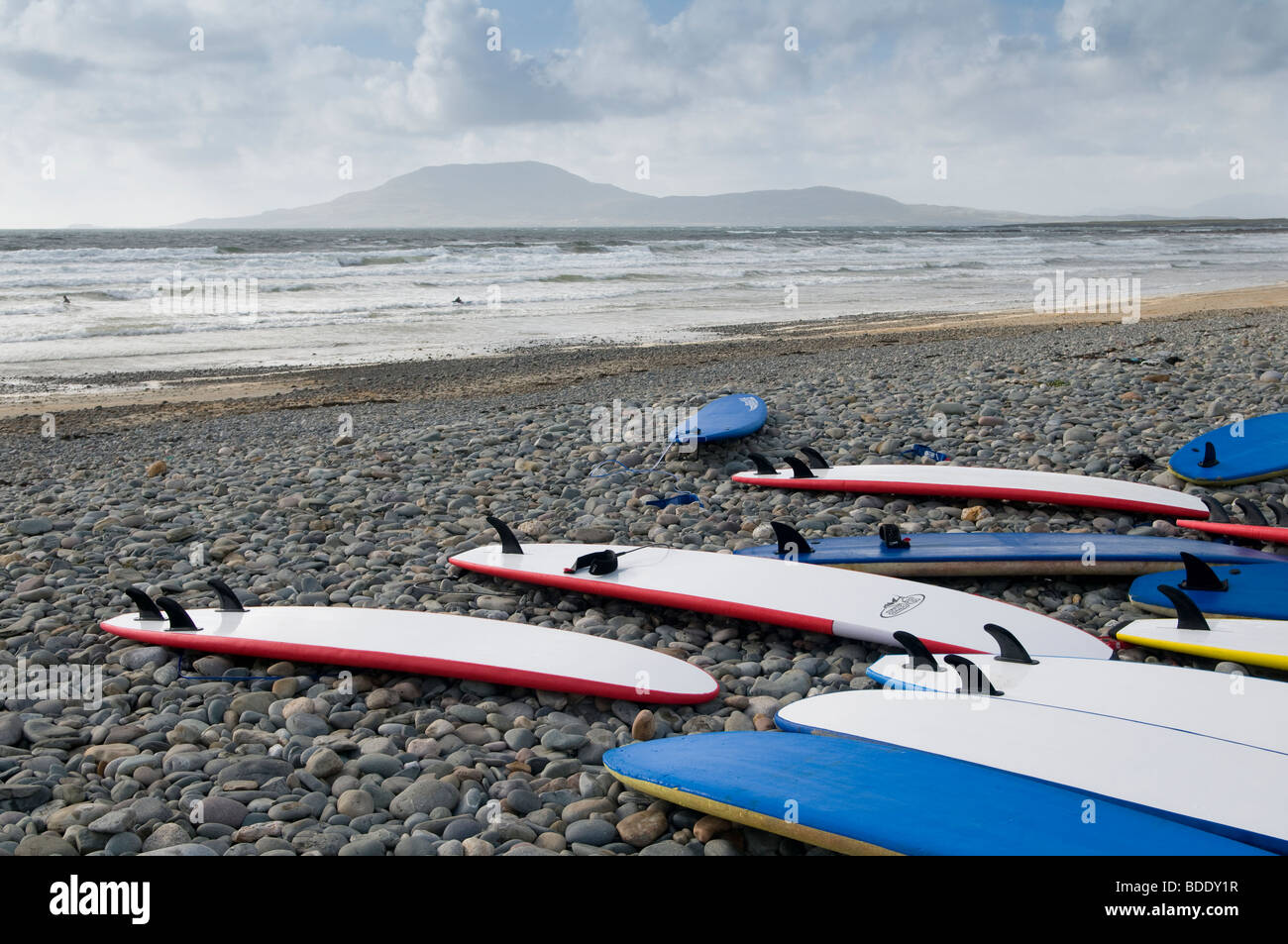 Surfboards on Carrowniskey Beach, county Mayo, Ireland Stock Photo