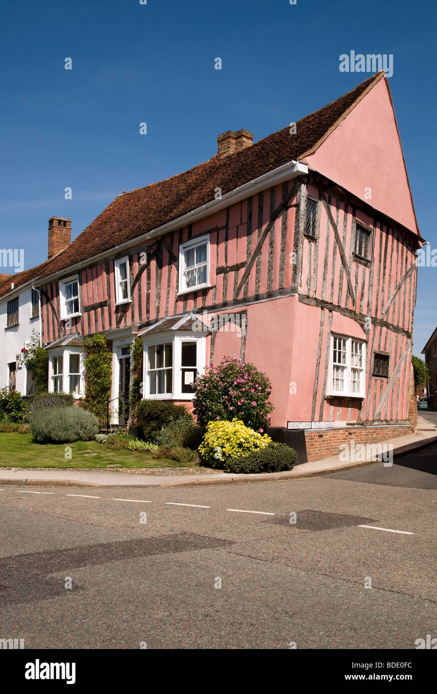 A leaning timberframed house in Lavenham, Suffolk, England Stock Photo