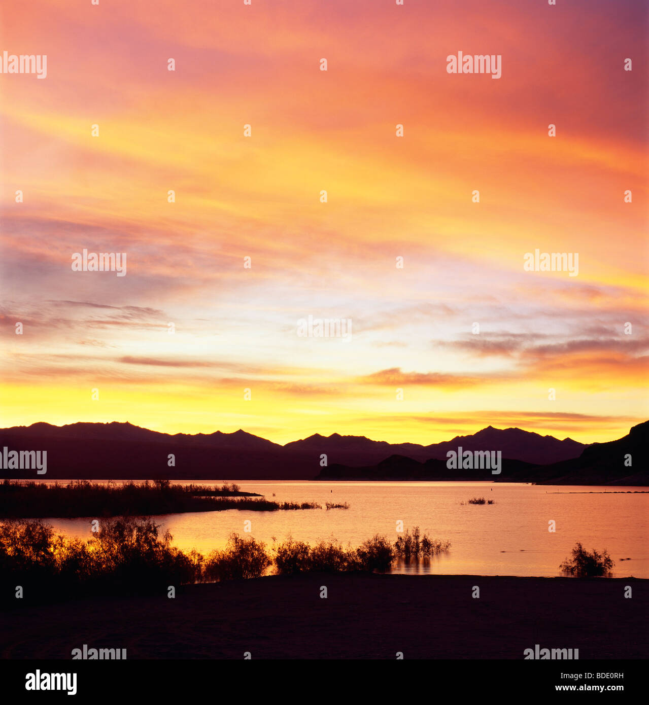 Spectacular sunrise sky over Echo Bay, Lake Mead, Nevada, USA Stock