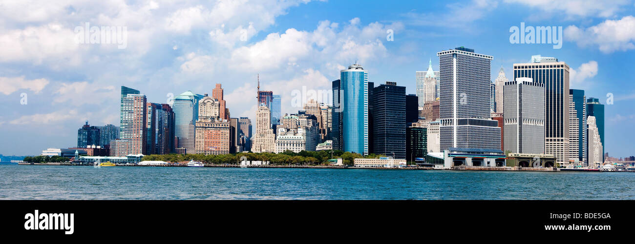 Panorama of the famous landmark view of the Manhattan New York City Skyline with the Financial district, World Trade Center. Stock Photo