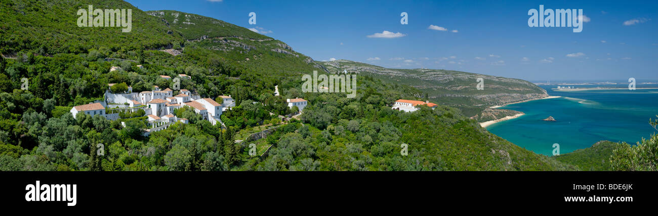 Portugal, near Setubal, The Serra da Arrabida,  the convento da Arrabida, beaches and Troia in distance Stock Photo