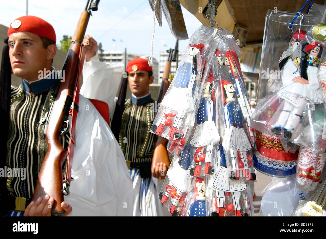 Tsolias, Greek presidential guard marching back to their barracks Stock