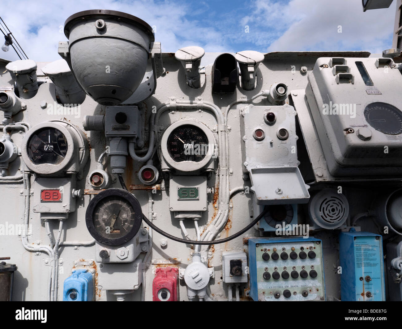 Detail of control dials on bridge of destroyer Smaland at Maritime Museum in Gothenburg Sweden Stock Photo