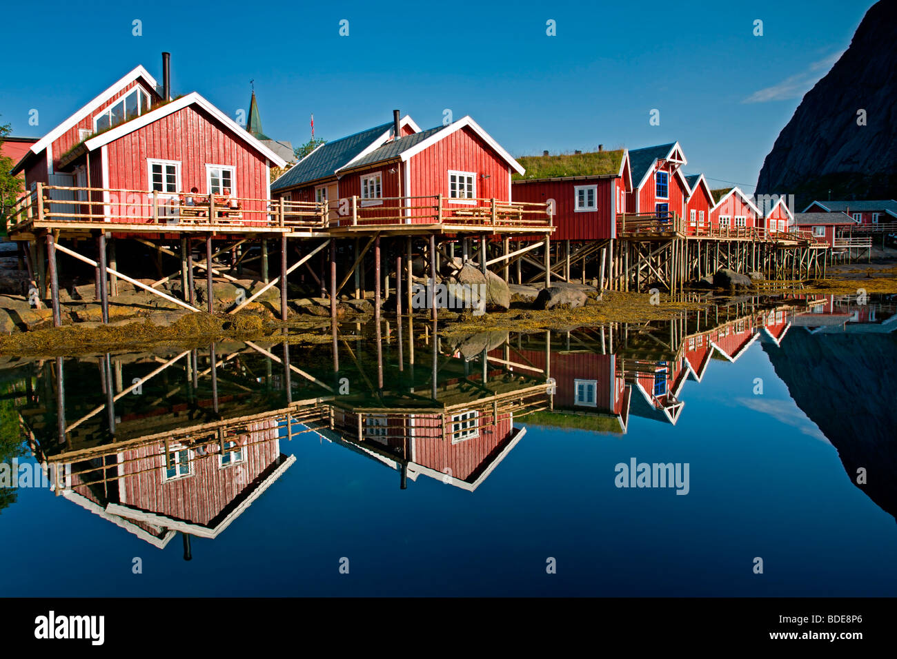 Moskenes Island: Reine: Rorbus with Reflection Stock Photo