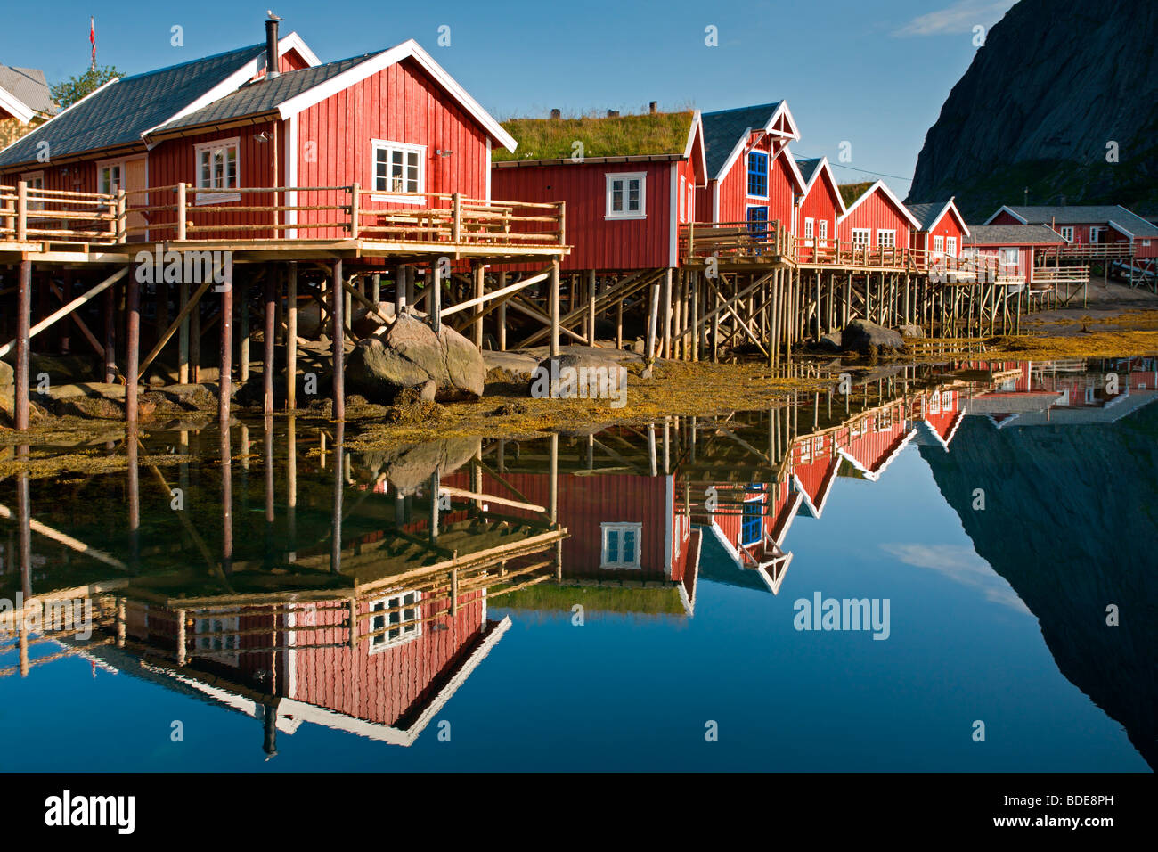 Moskenes Island: Reine: Rorbus with Reflection Stock Photo