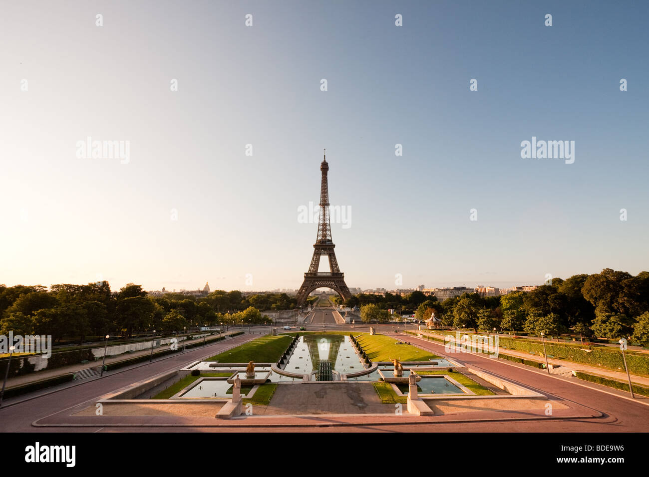 Eiffel tower with nearby square.as seen from Trocadero. Stock Photo