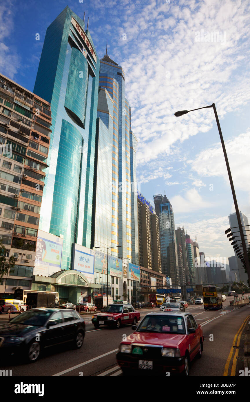 Traffic in front of high rise buildings in Causeway Bay, Hong Kong, China. Stock Photo