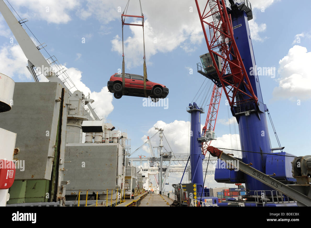 Germany Hamburg , loading of used cars for export to africa Cotonou Benin on board a ship in