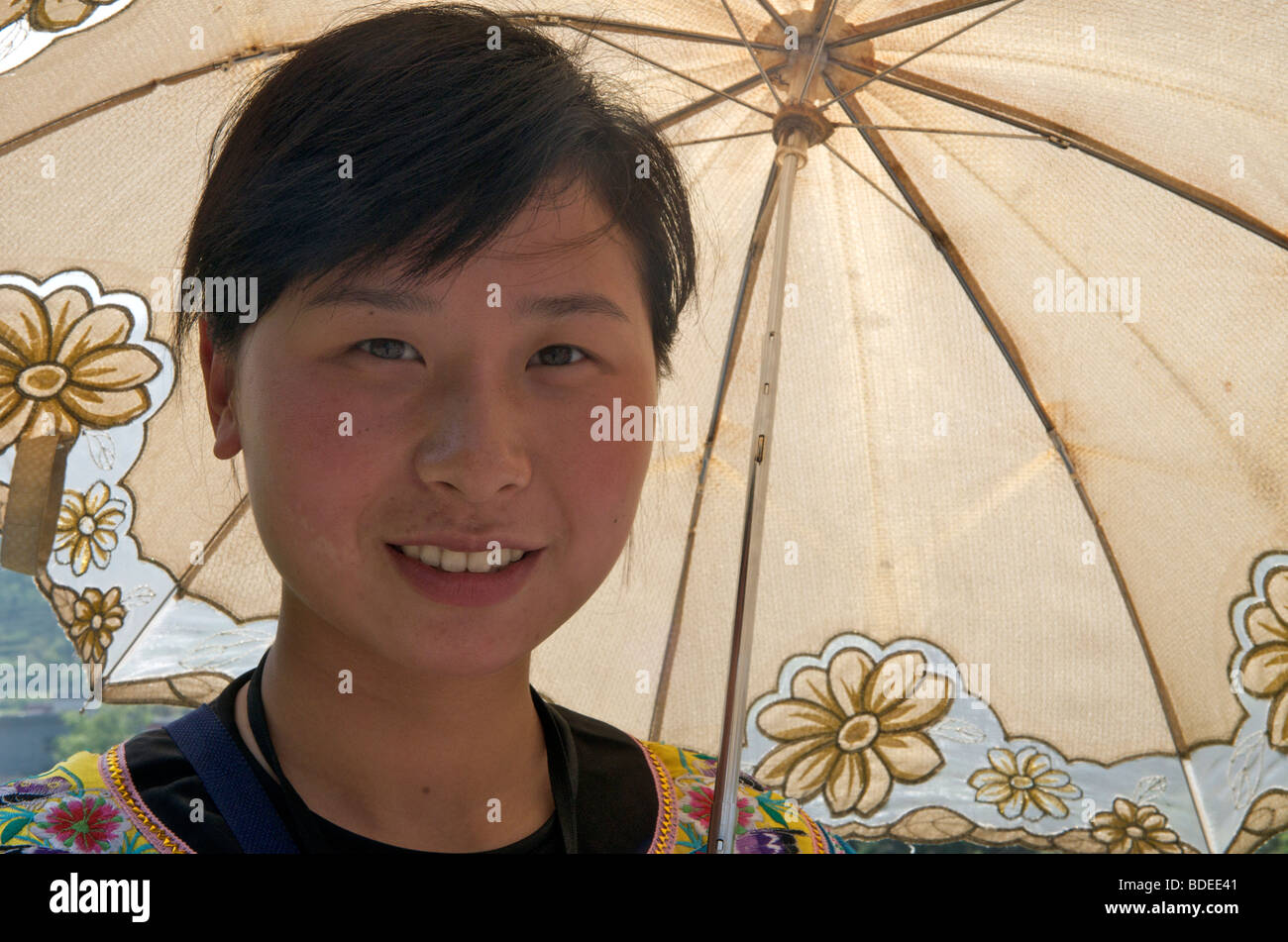 Portrait Chinese girl with umbrella Hunan Province China Stock Photo