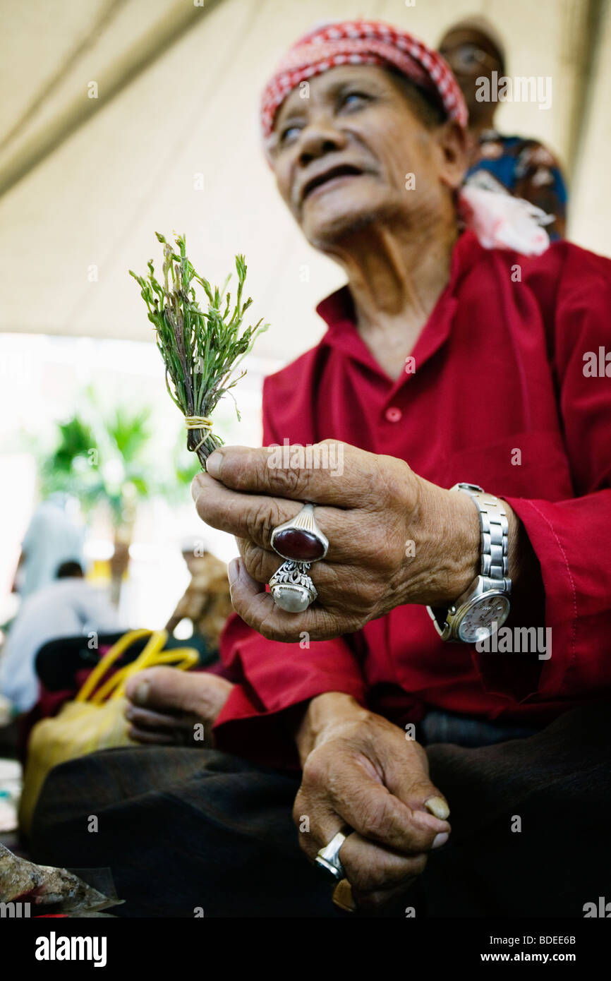 Herb vendor with natural viagra in Kota Bharu market, Malaysia. Stock Photo