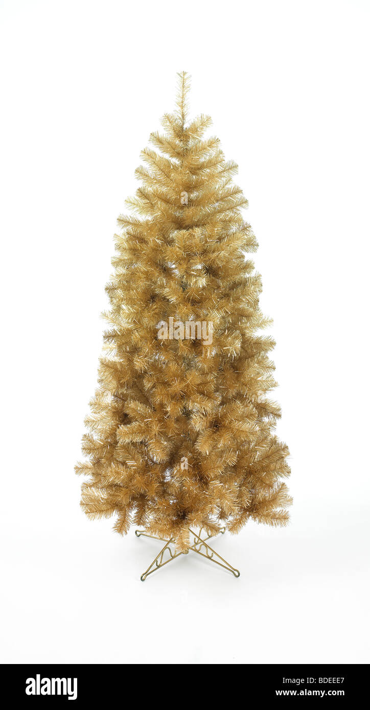 Gold Xmas Tree sitting on white background Stock Photo - Alamy