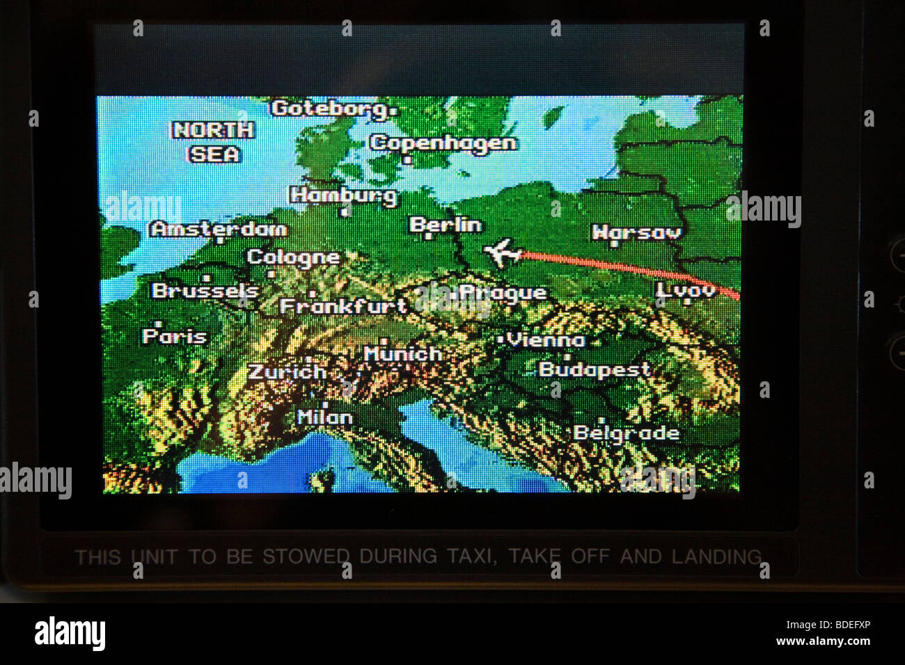 Aeroplane flight position map showing aircraft position above Poland. Stock Photo