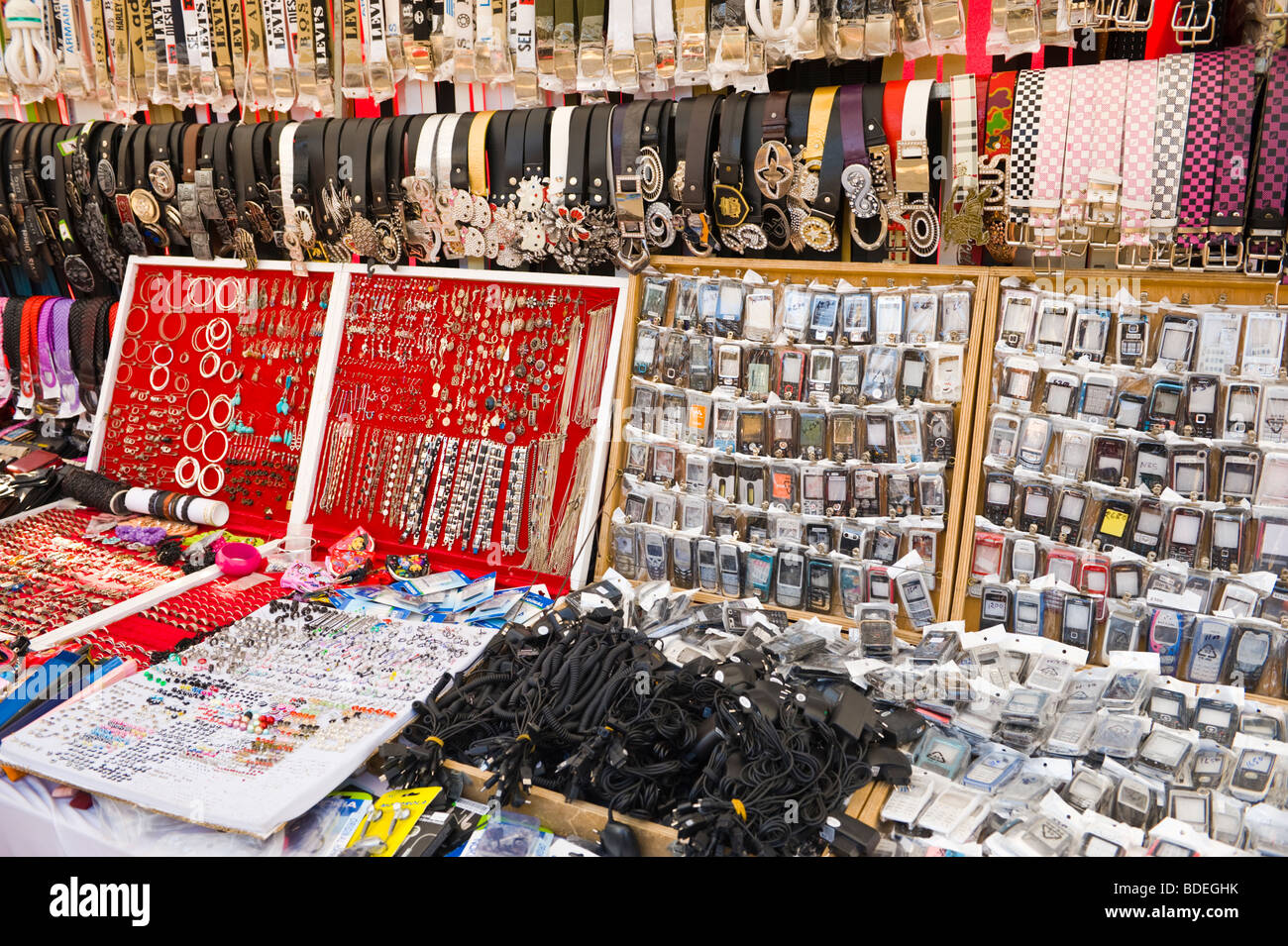 Mobile phones jewellery and belts for sale at annual festival market at
