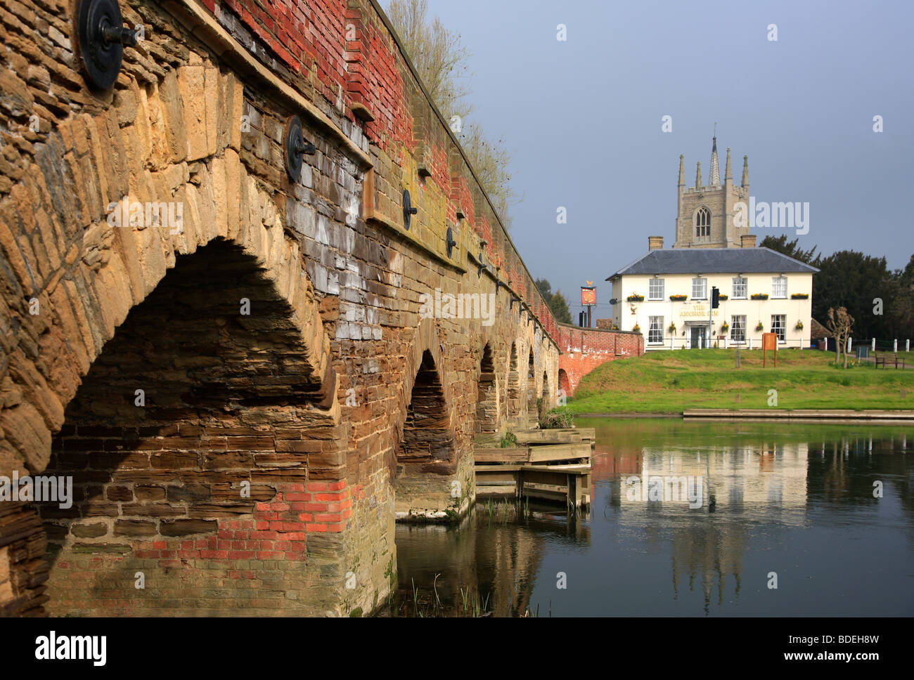 Stone Bridge Crossing River Great Ouse Great Barford village Bedfordshire County England Britain Stock Photo