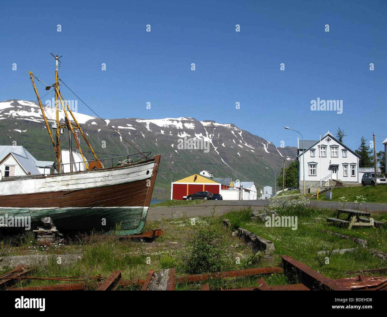 Shorefront on Hafnargata, Seyðisfjörður, eastern Iceland, North Atlantic, Europe Stock Photo