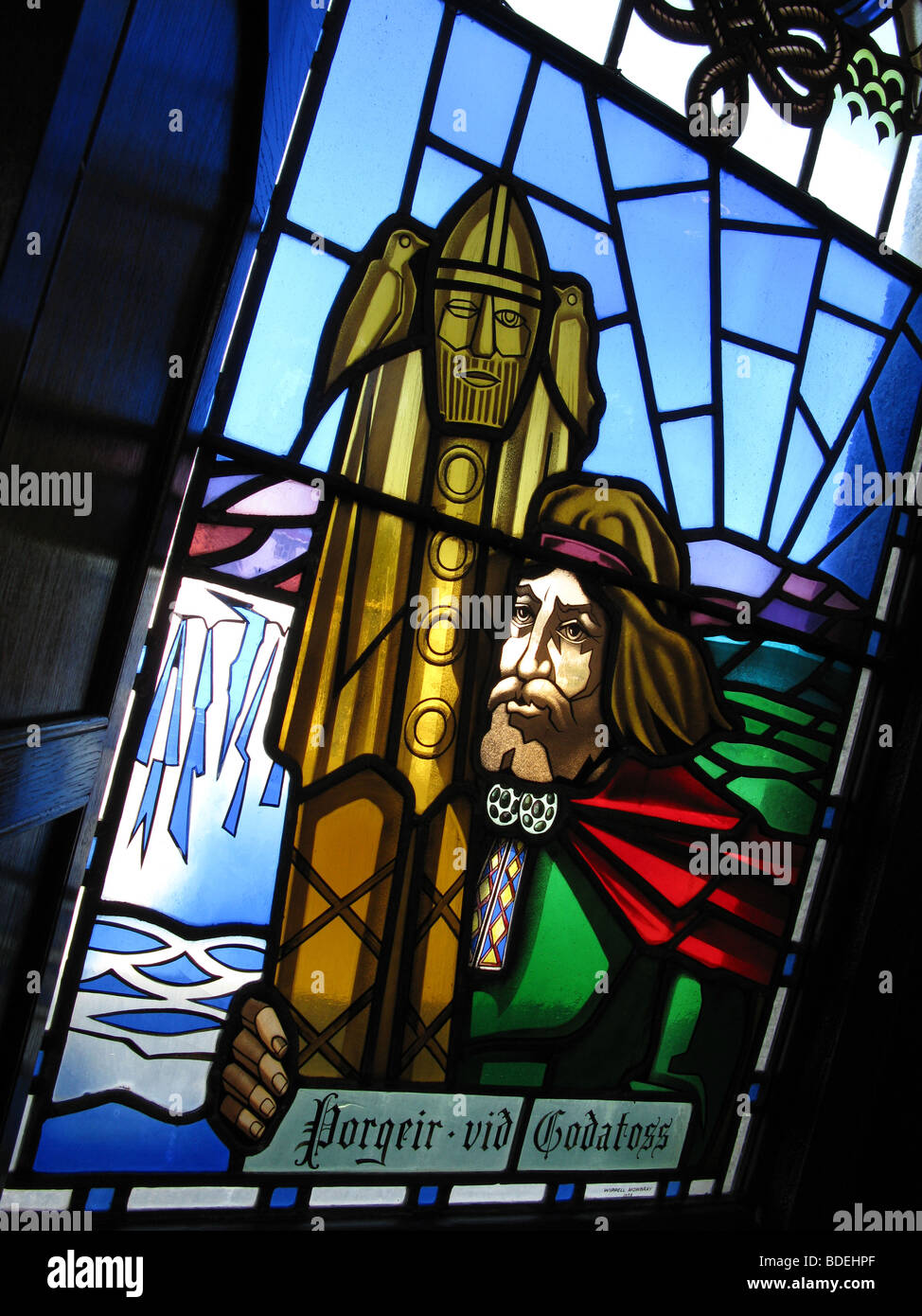 Porgeir Porkelsson and Godafoss window in the lutheran church, Eyrarlandsvegur, Akureyri, northern Iceland, North Atlantic, Europe Stock Photo