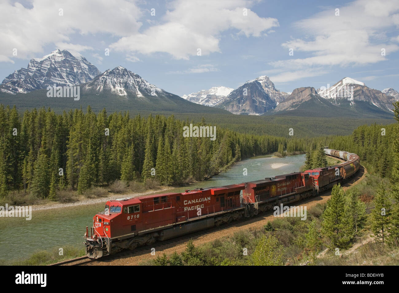 Morant's Curve - Canadian Pacific Railway with Bow range of mountains in the background Banff National ParkAlberta, Canada Stock Photo