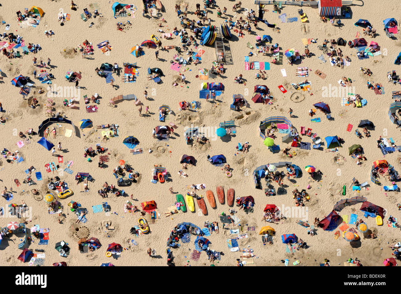 Beach, Weymouth beach, Aerial view of tourists on Weymouth beach during hot weather in Dorset, Britain, UK Stock Photo