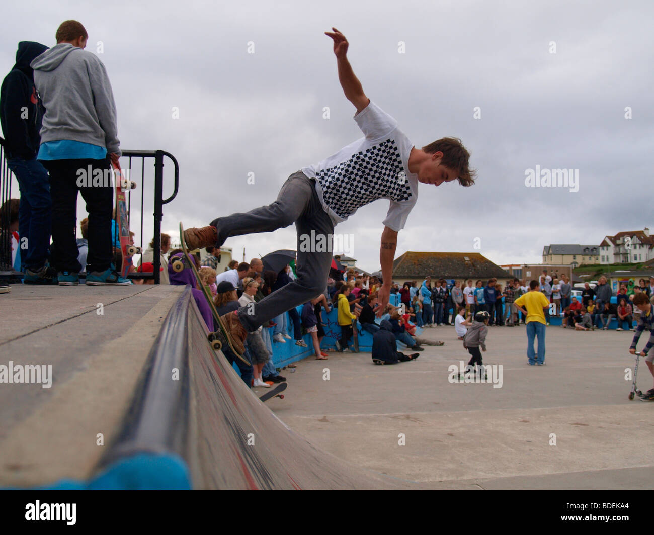 Skateboarder during a skate competition, Bude, Cornwall. Stock Photo