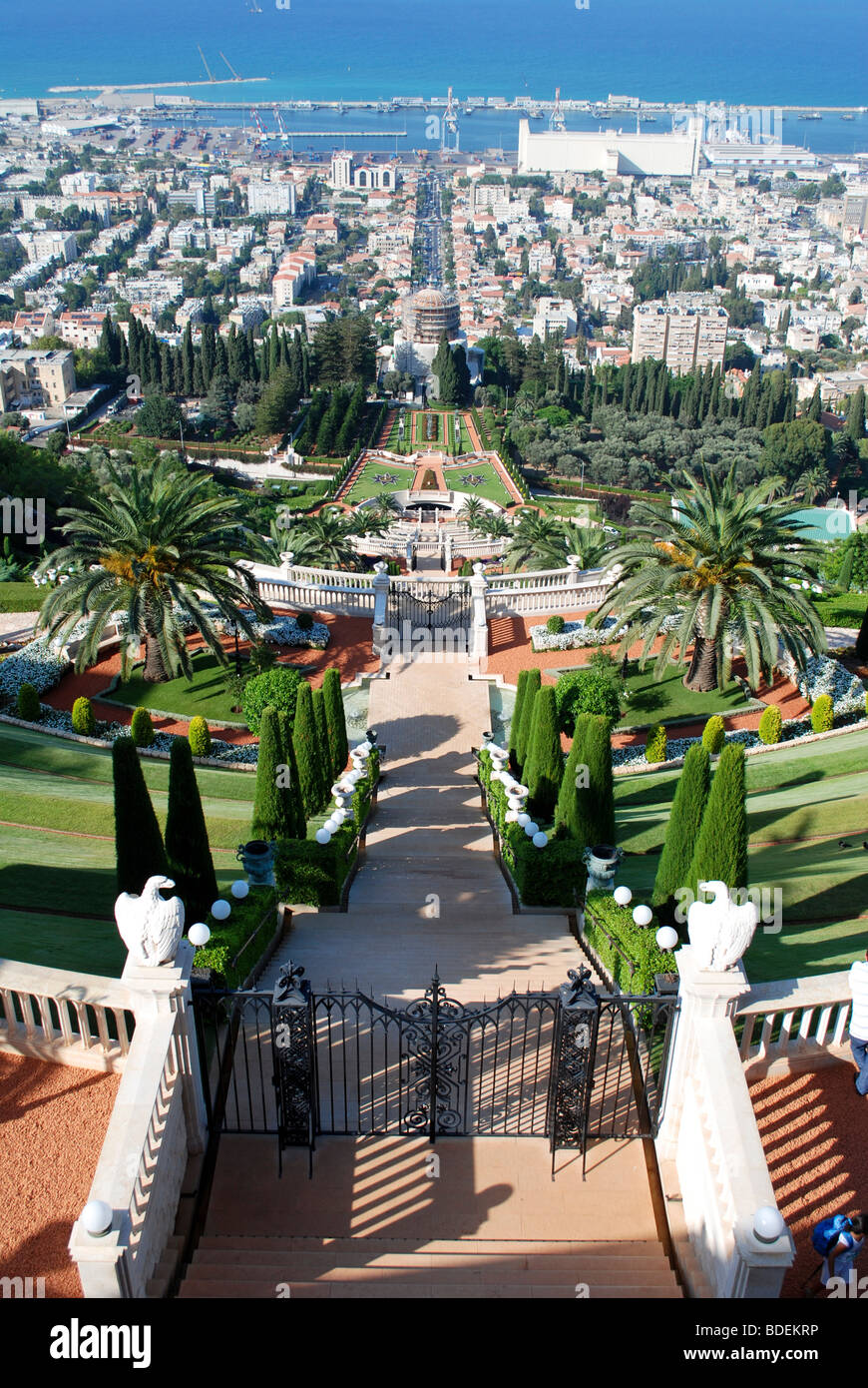 Israel, Haifa, The Bahai Gardens. Haifa port and bay of Haifa in the