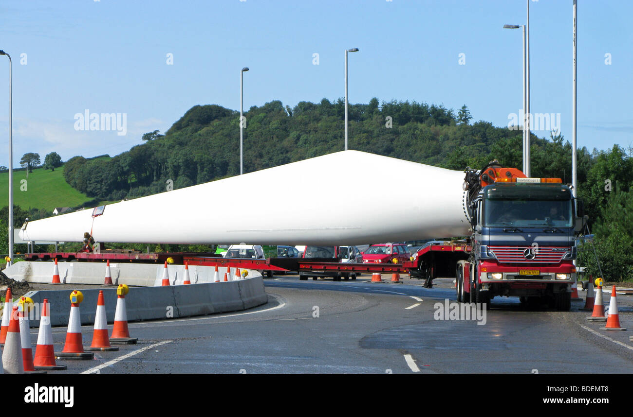 Wind turbine blade transported by lorry Stock Photo