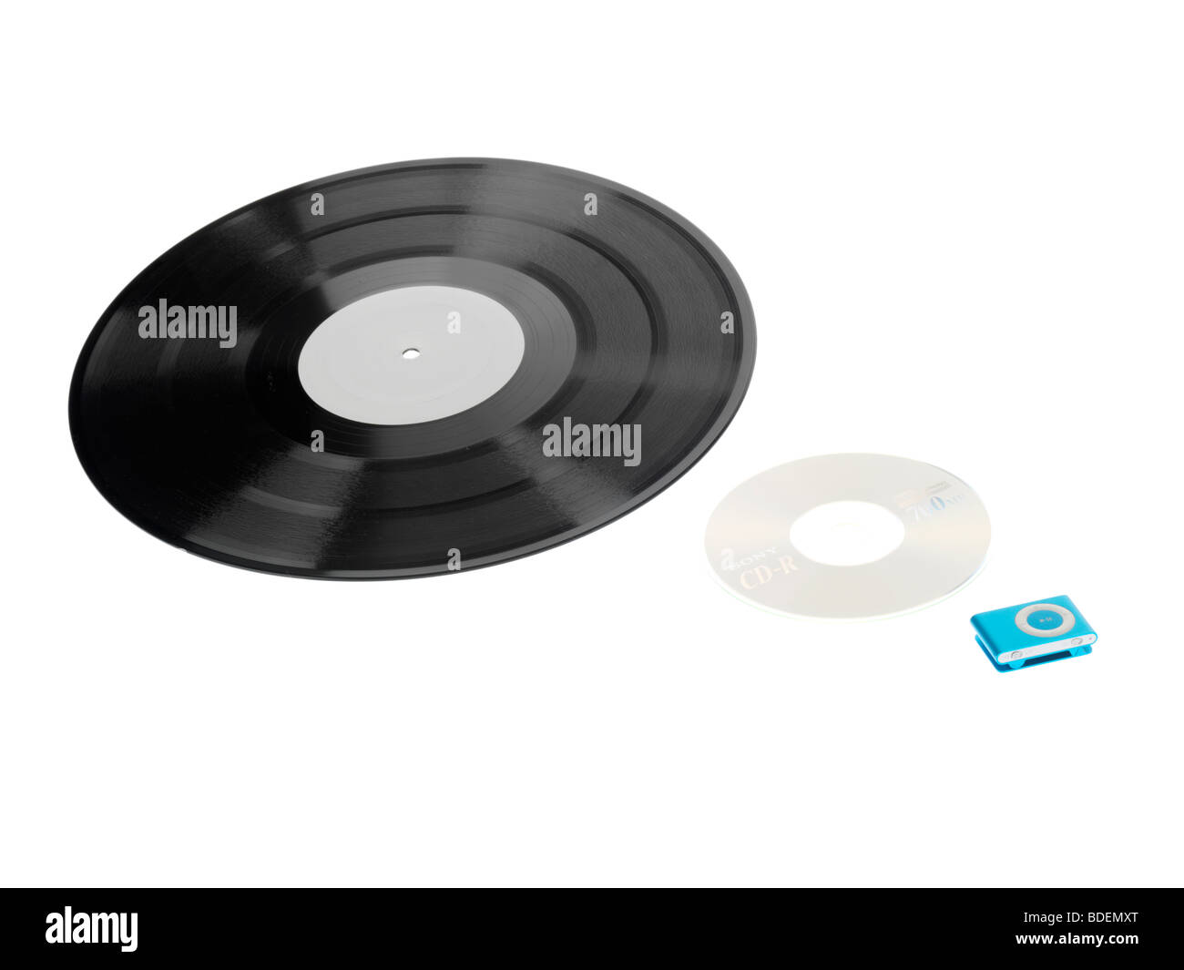 Vinyl Record, CD, and MP3 Player Stock Photo