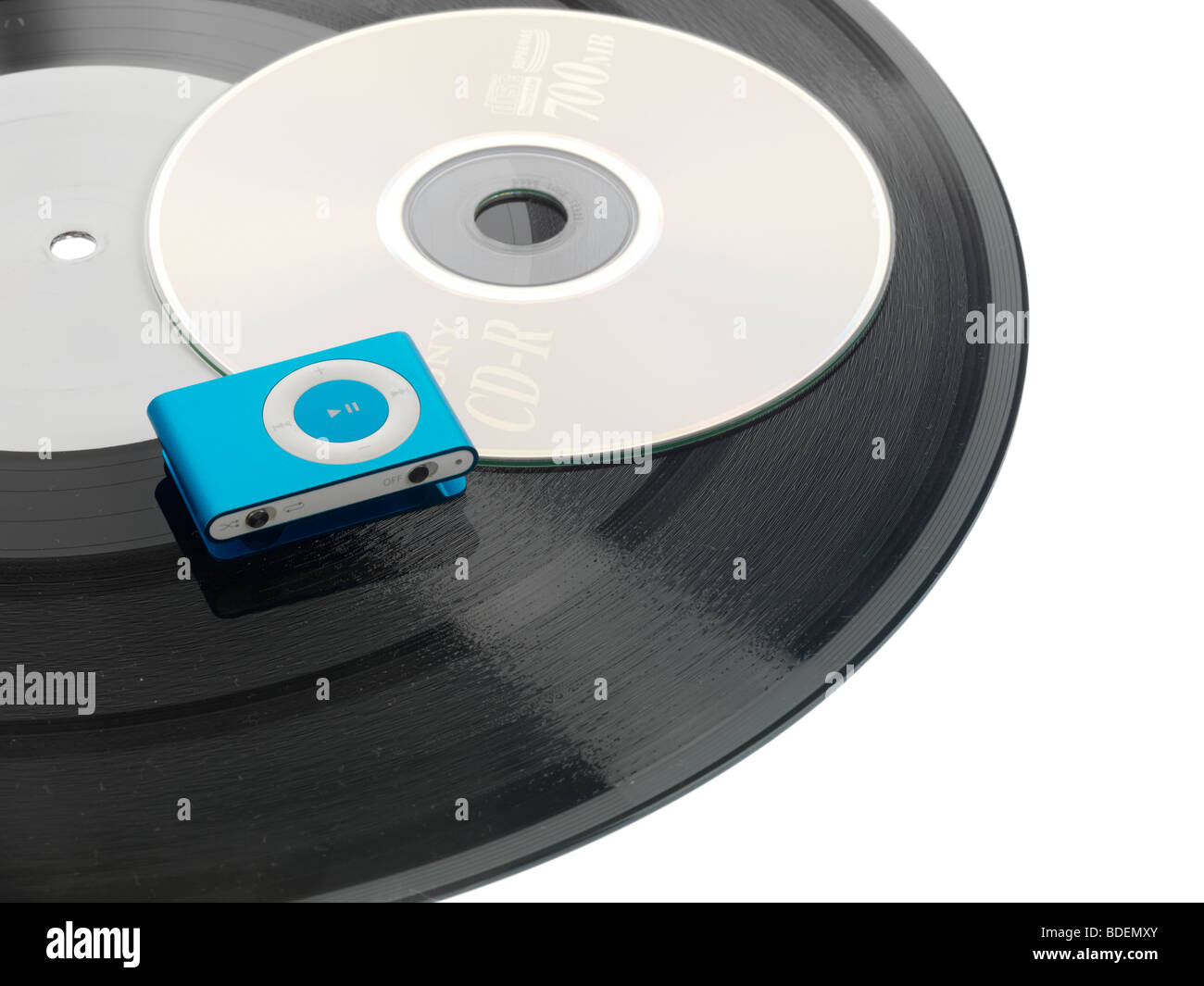 Vinyl Record, CD, and MP3 Player Stock Photo