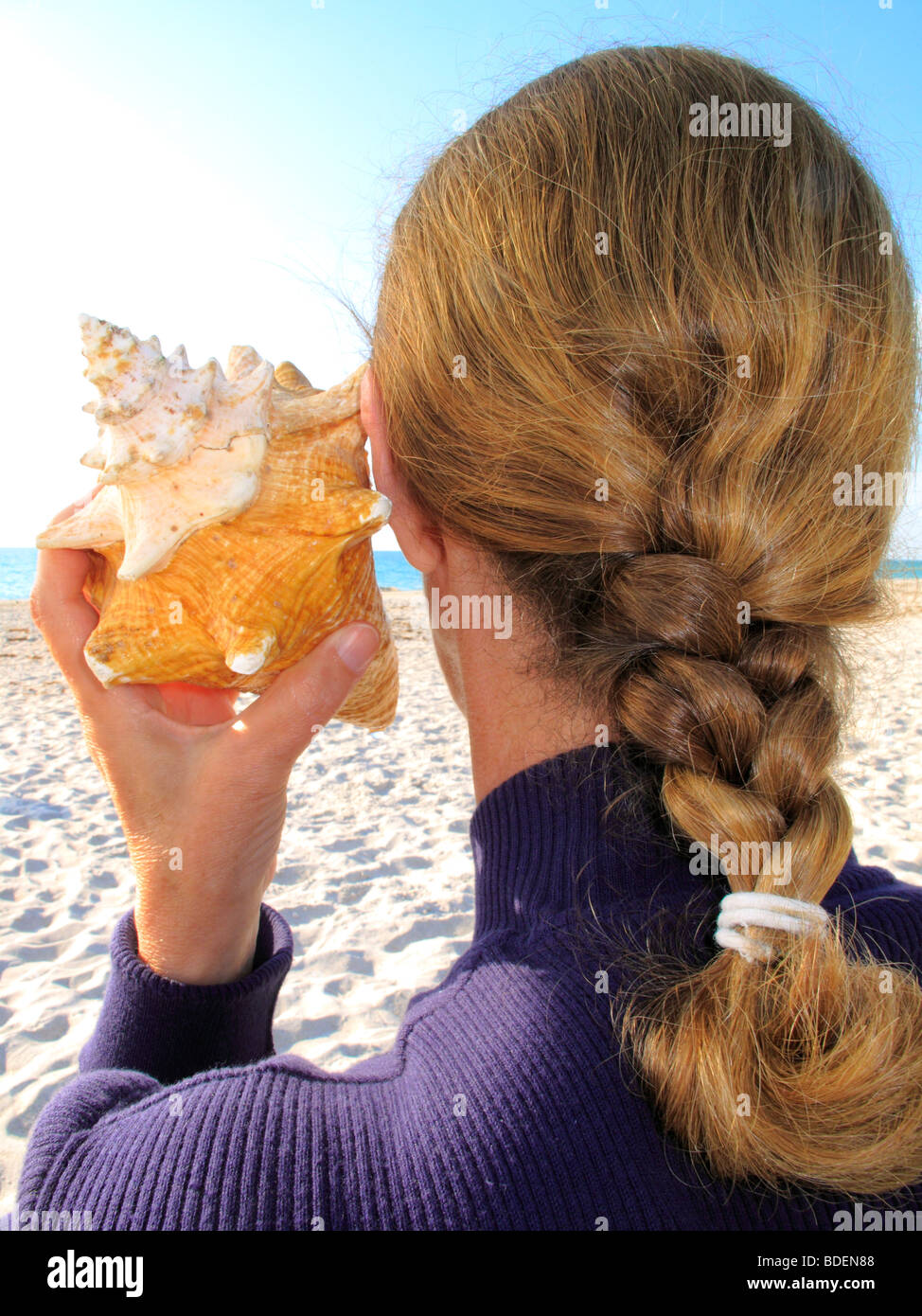 person listening to sea sounds in a conch shell in Florida USA Stock Photo
