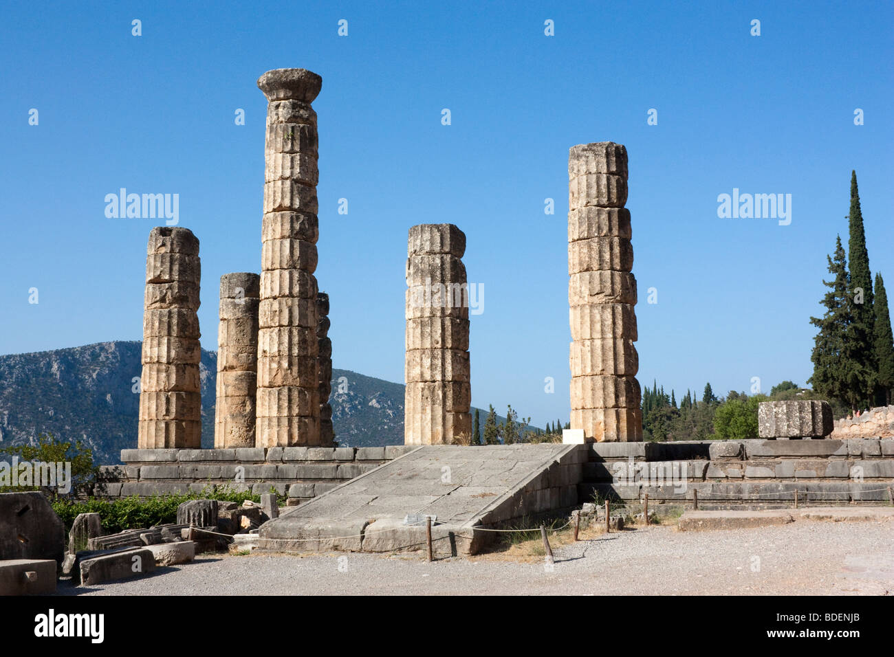 The Temple of Apollo at Delphi, viewed from the northeast. Stock Photo