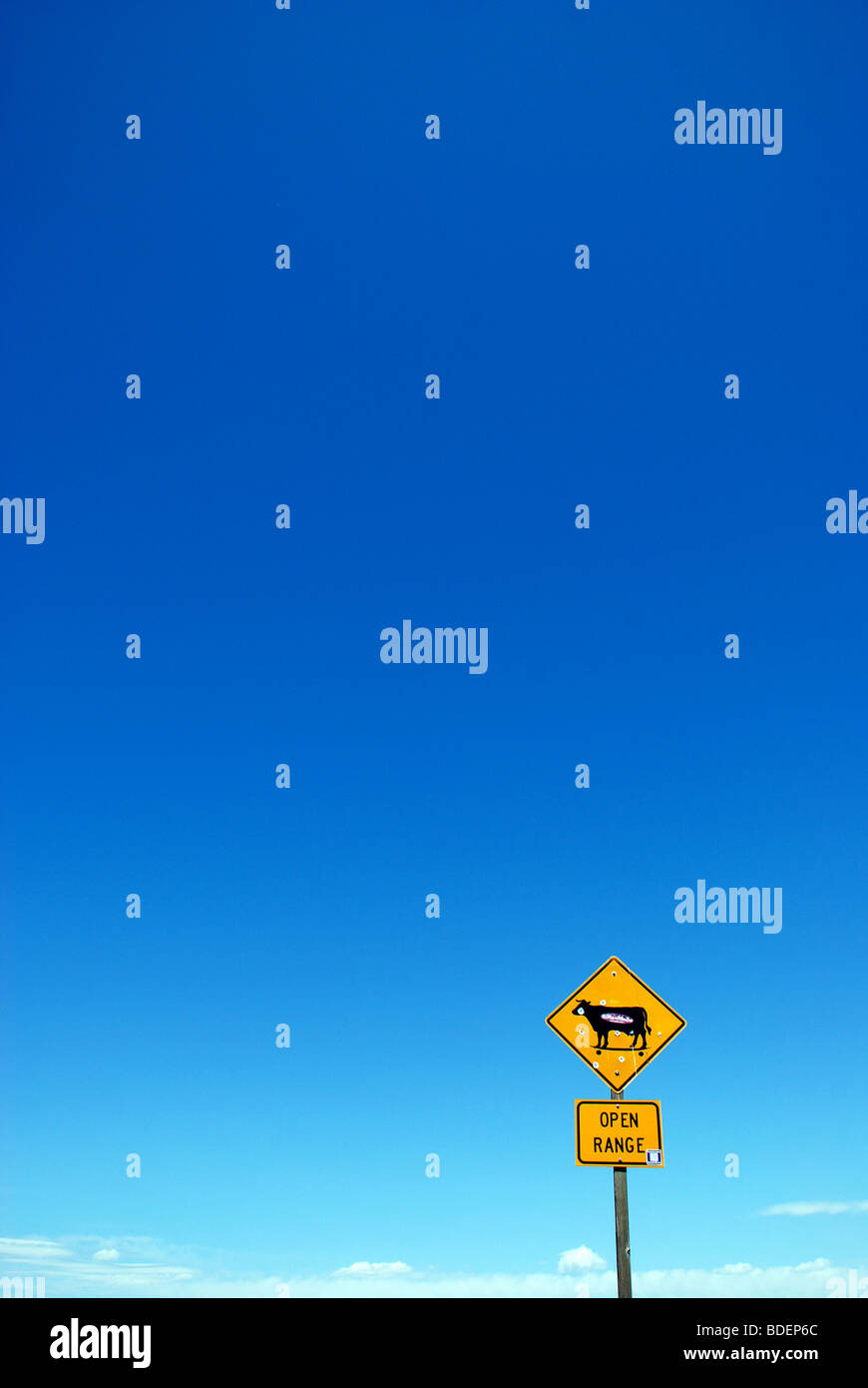 Yellow "Open Range" traffic sign with bullet holes against clear blue sky. Stock Photo