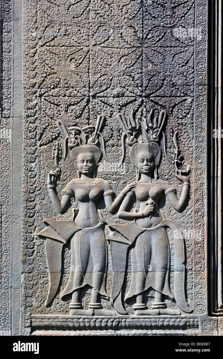 Wall relief. Devata Goddess wall bas elief detail at Angkor Wat