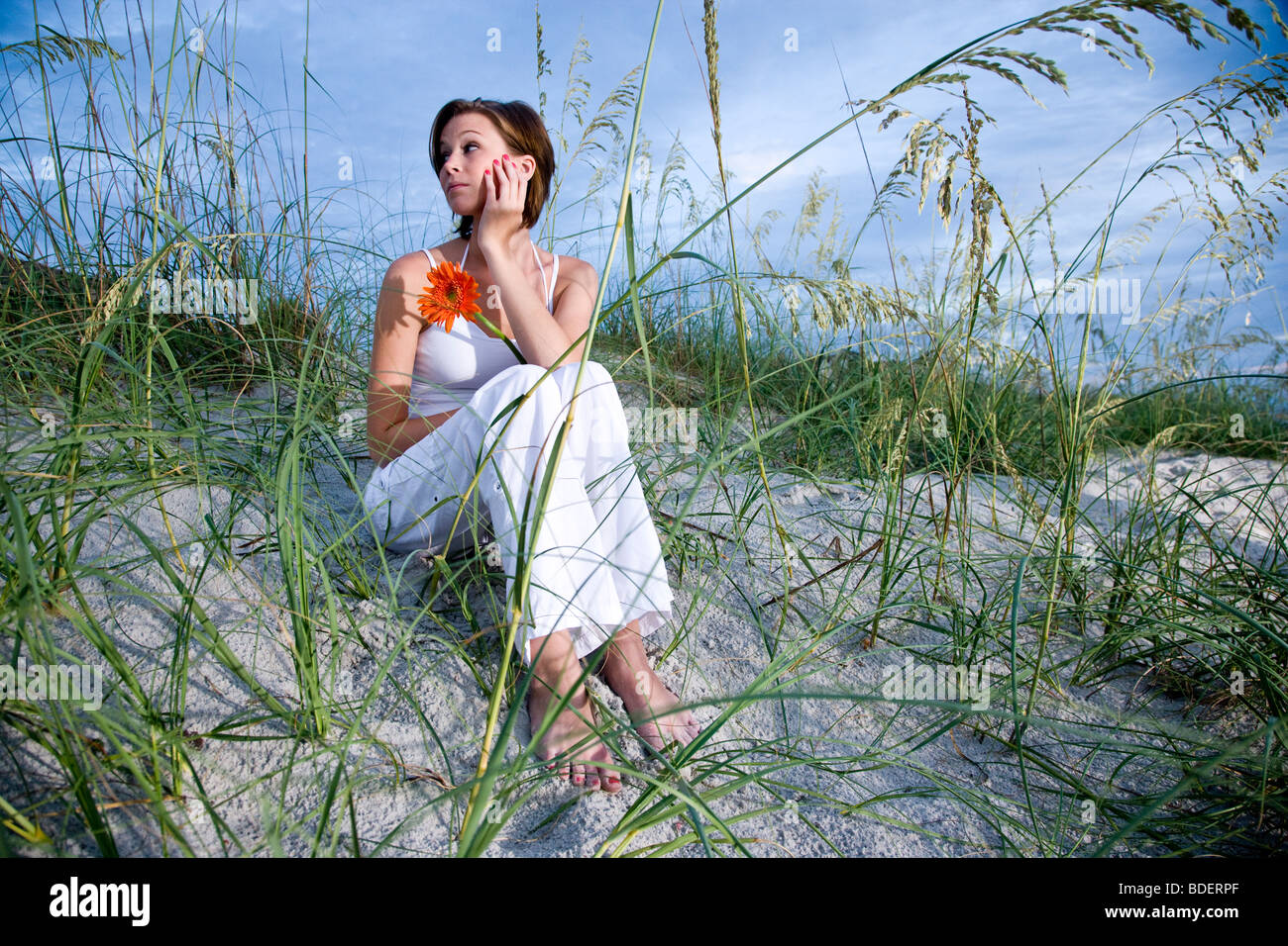 Pretty young woman sitting on beach in sand dunes and sea oats Stock ...