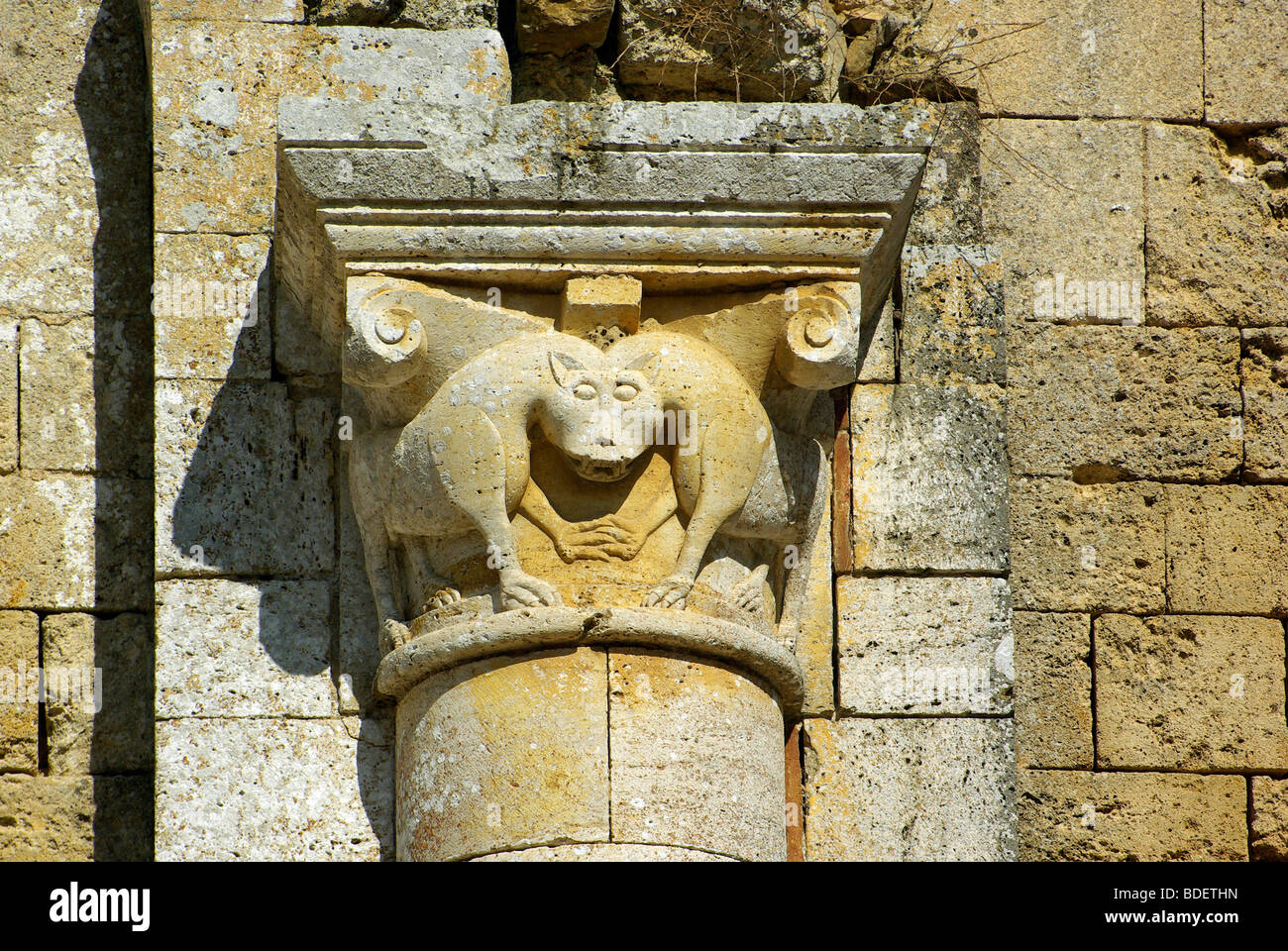 St. Antimo's Abbey or Abbazia di Sant'Antimo, Carved stone capital of strange co joined animals Stock Photo