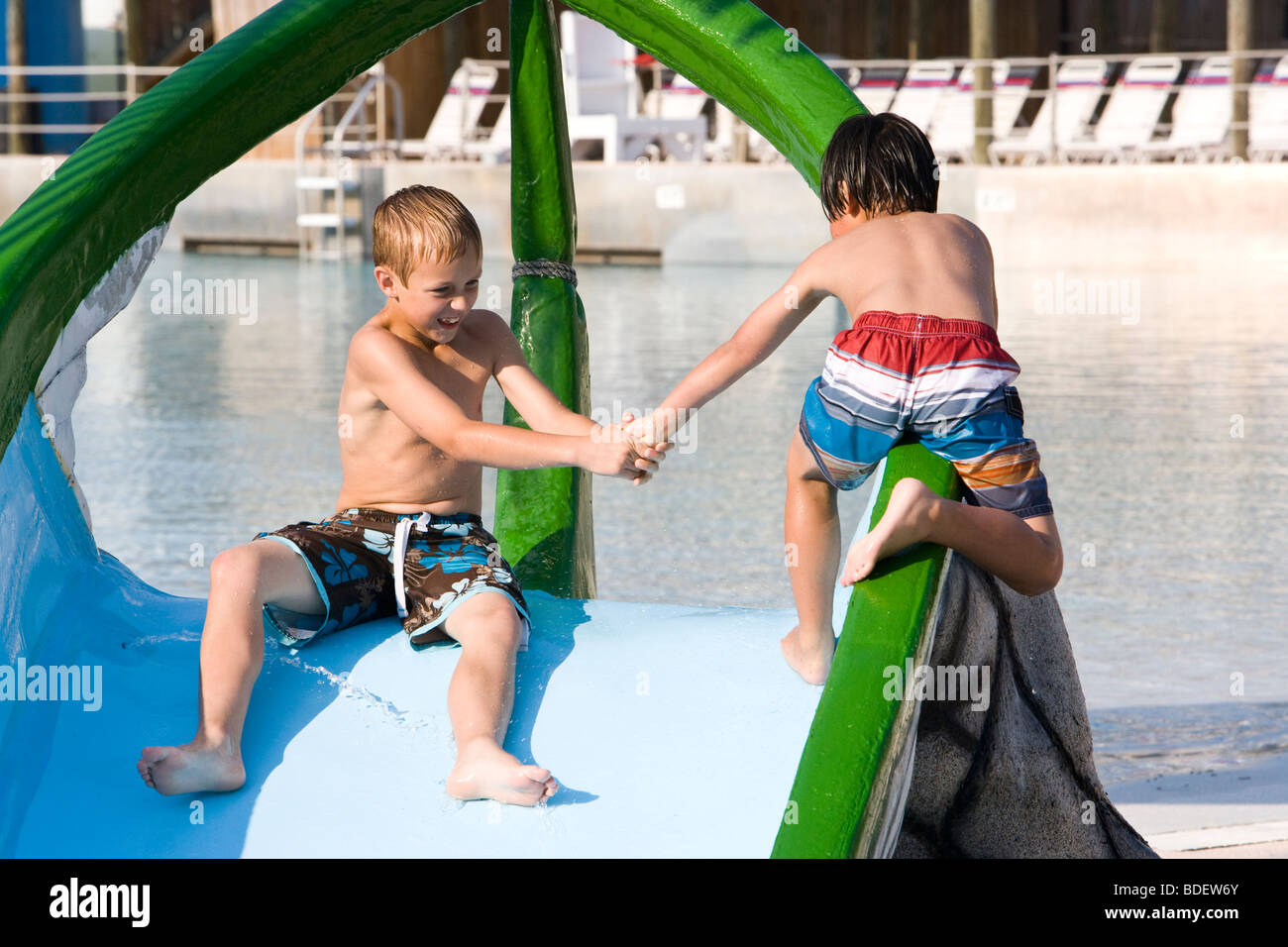 Little Boy Having Fun In Water Park Fountain Stock Photo 