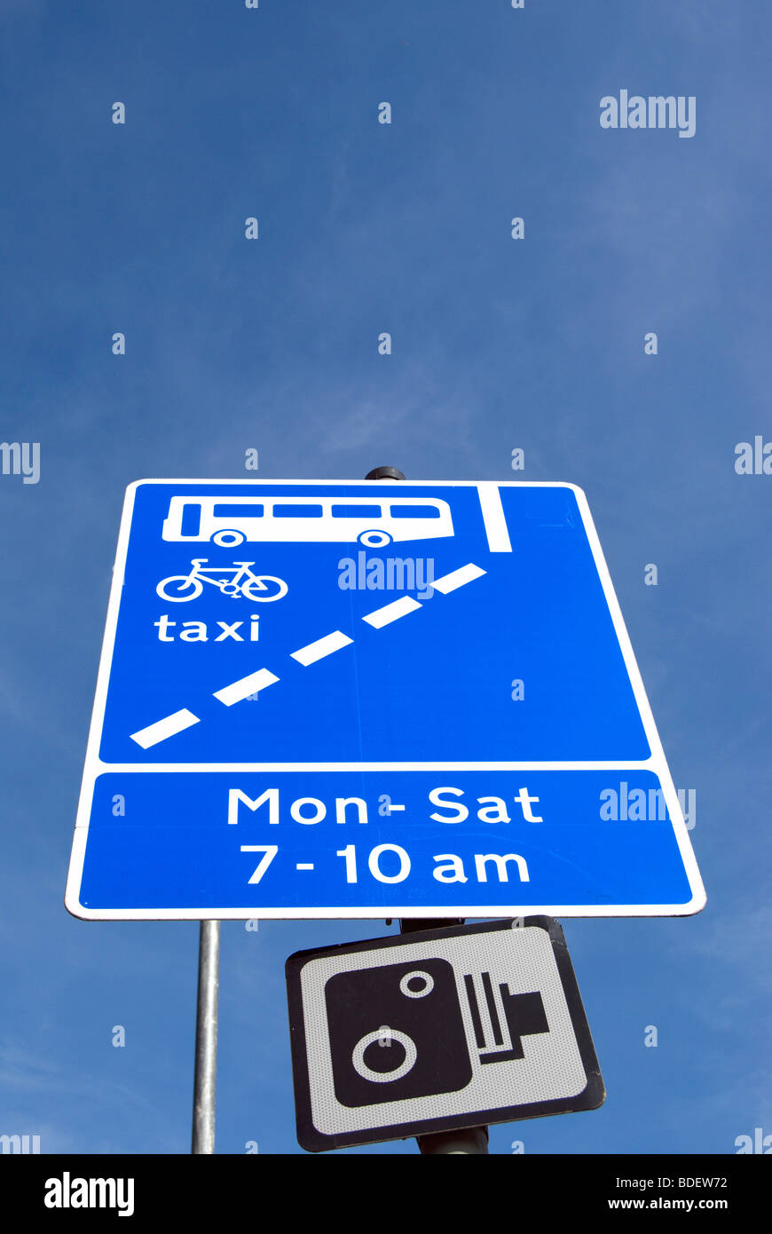 road traffic sign indicating a bus lane also used by taxis and cyclists