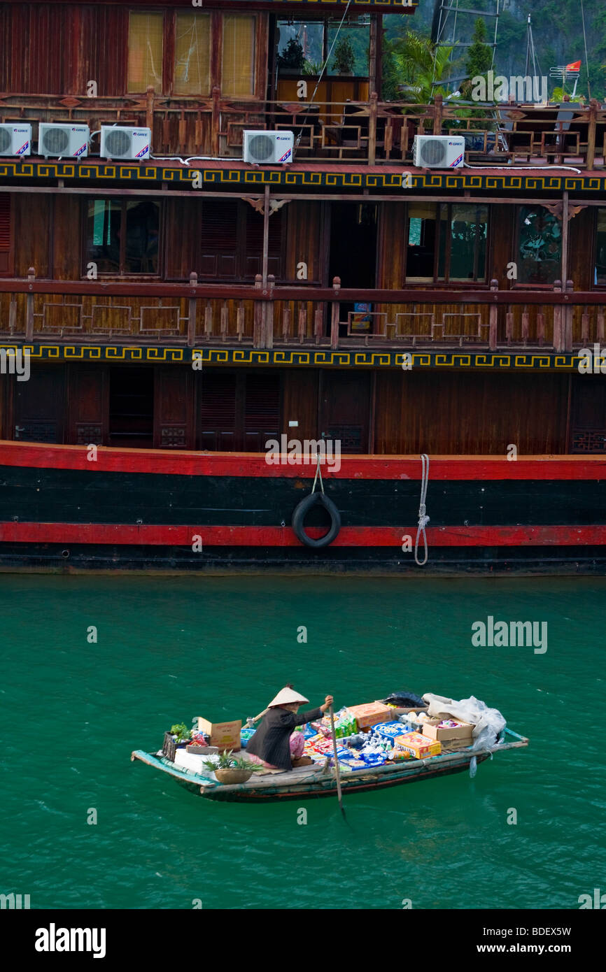A Woman In A Small Boat Moves Between Large Tourist Boats To Sell