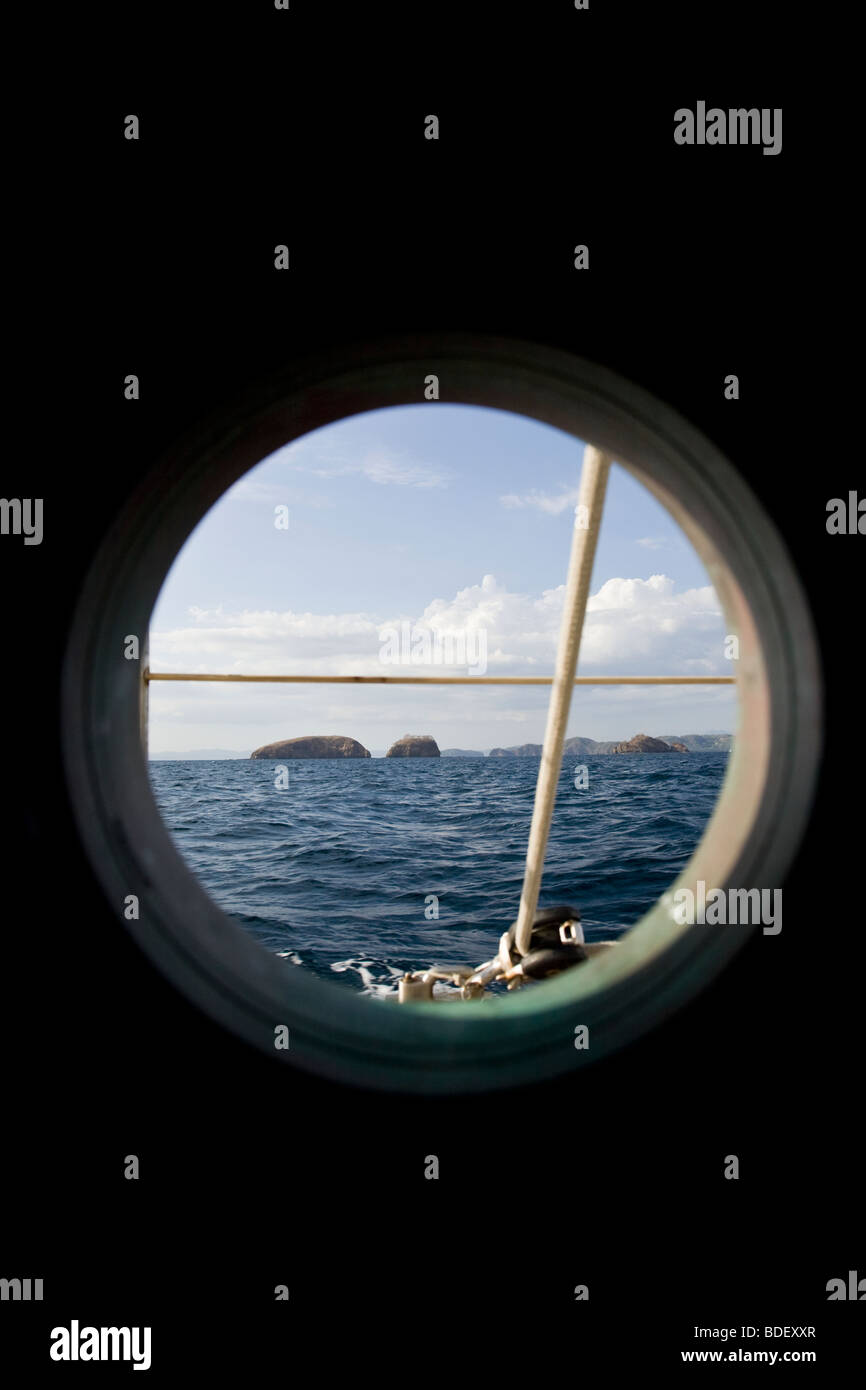 Sailboat porthole view of  the Golfo of Papagayo Bay in Guanacaste, Costa Rica. Stock Photo