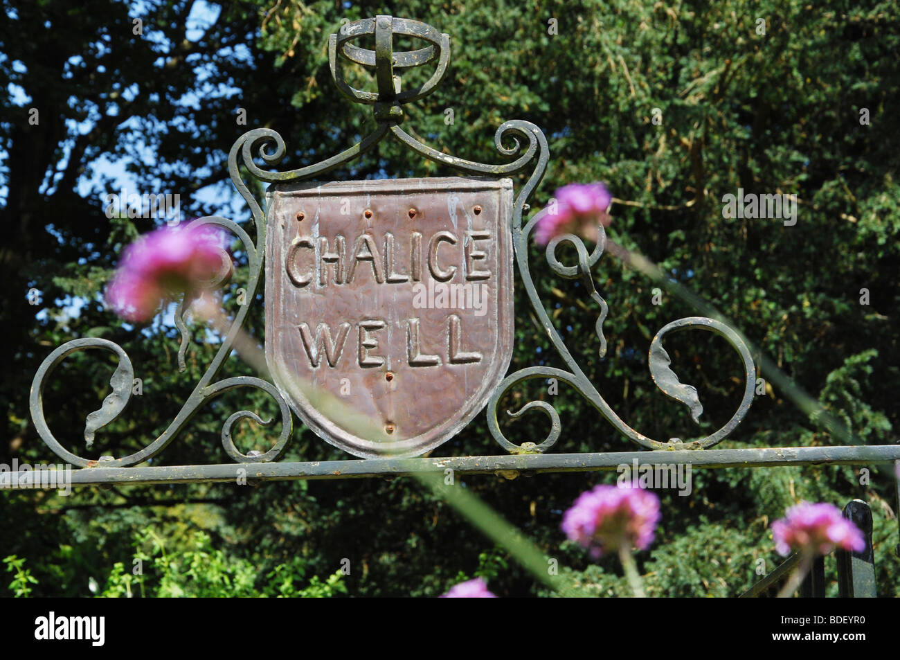 sign at Chalice Well Gardens Glastonbury Somerset England United Kingdom Stock Photo