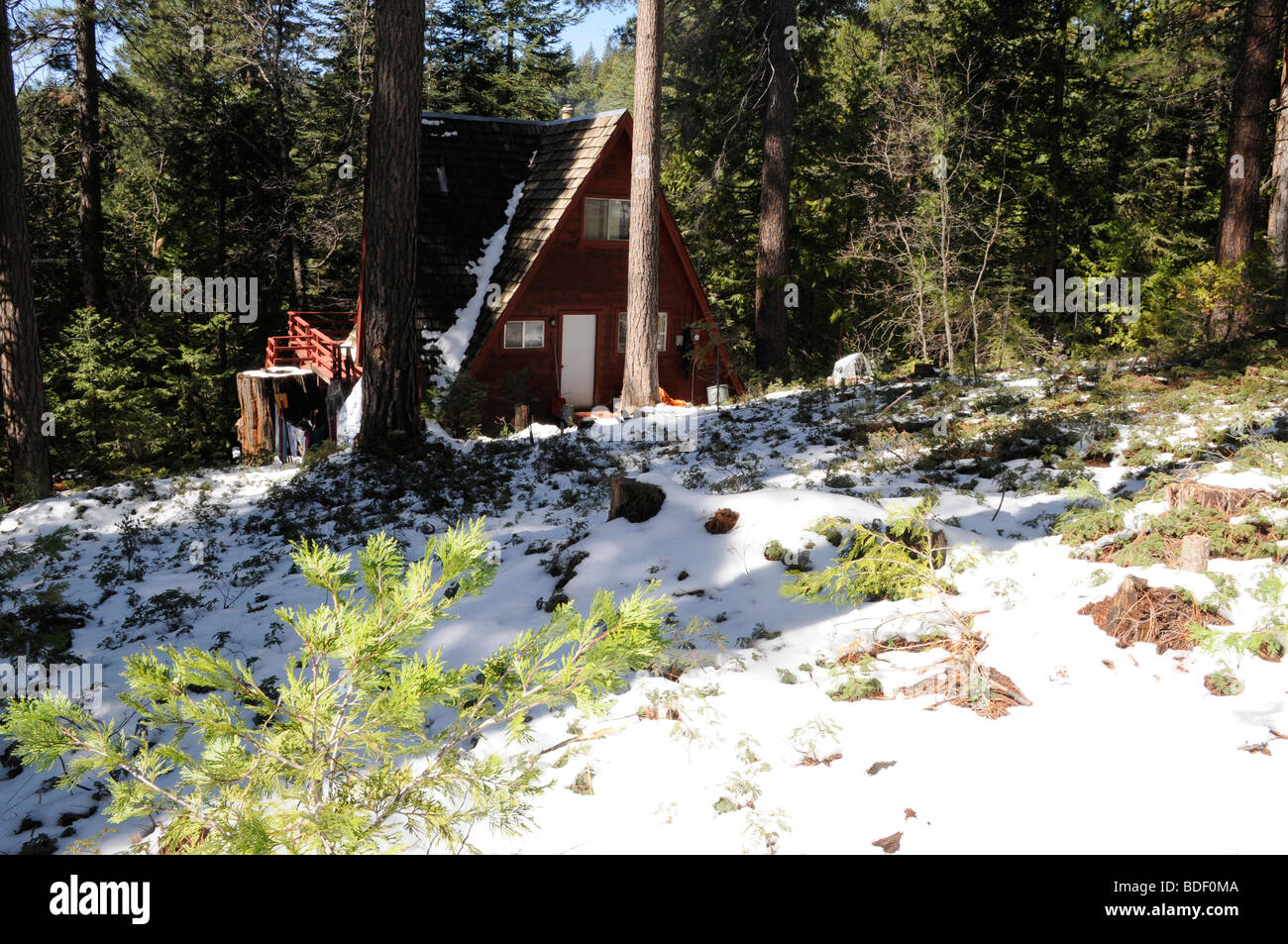 1960s Californian cabin in the hills of MiWuk village during the snow season, California Stock